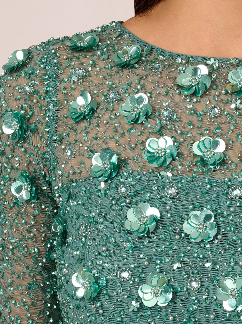 Long Hand Beaded 3D Floral Dress With Elbow Sleeves In Green Slate No Tags 6 - Picture 3 of 8